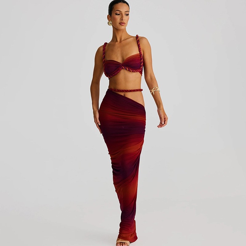 Klalien Băng Ruched 2 Bộ Áo Ngực Cổ Vuông Nữ + Váy Dài Skinny 2025 Kỳ Nghỉ Hè Bãi Biển Đảng Xu Hướng Phù Hợp Với