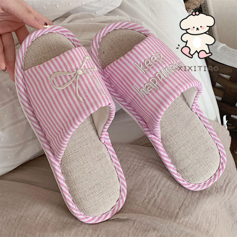 Xixitiao Retro Nơ Vải Lanh Dép Phong Cách Nhật Bản Màu Sắc Tương Phản Phòng Ngủ Nữ Hộ Gia Đình Bốn Mùa Đa Năng Thoải Mái Hút Mồ Hôi Sàn Giày