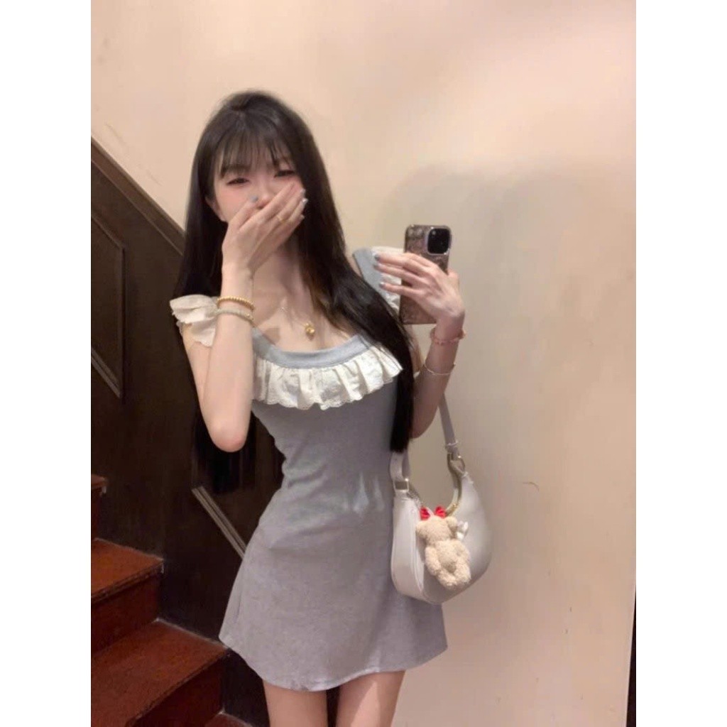 Váy đầm nữ mùa hè dáng ngắn phối họa tiết viền bèo phong cách tiểu thư sang chảnh XIMIXI SP283