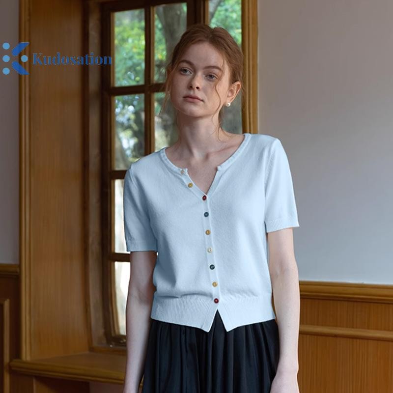 Kudosation Hàng Mới Về Cổ Chữ V Nút Slim Fit Dệt Kim Tay Ngắn Cardigan Áo Thun Nữ Đẹp