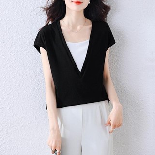 Mùa Hè 2025 Phong Cách Mới Thời Trang Top Giả Hai Mảnh Phù Hợp Với Áo Rời Bụng Ôm Hơn Nhìn Áo Thun Đơn Giản Thời Trang Hàng Đầu Nữ