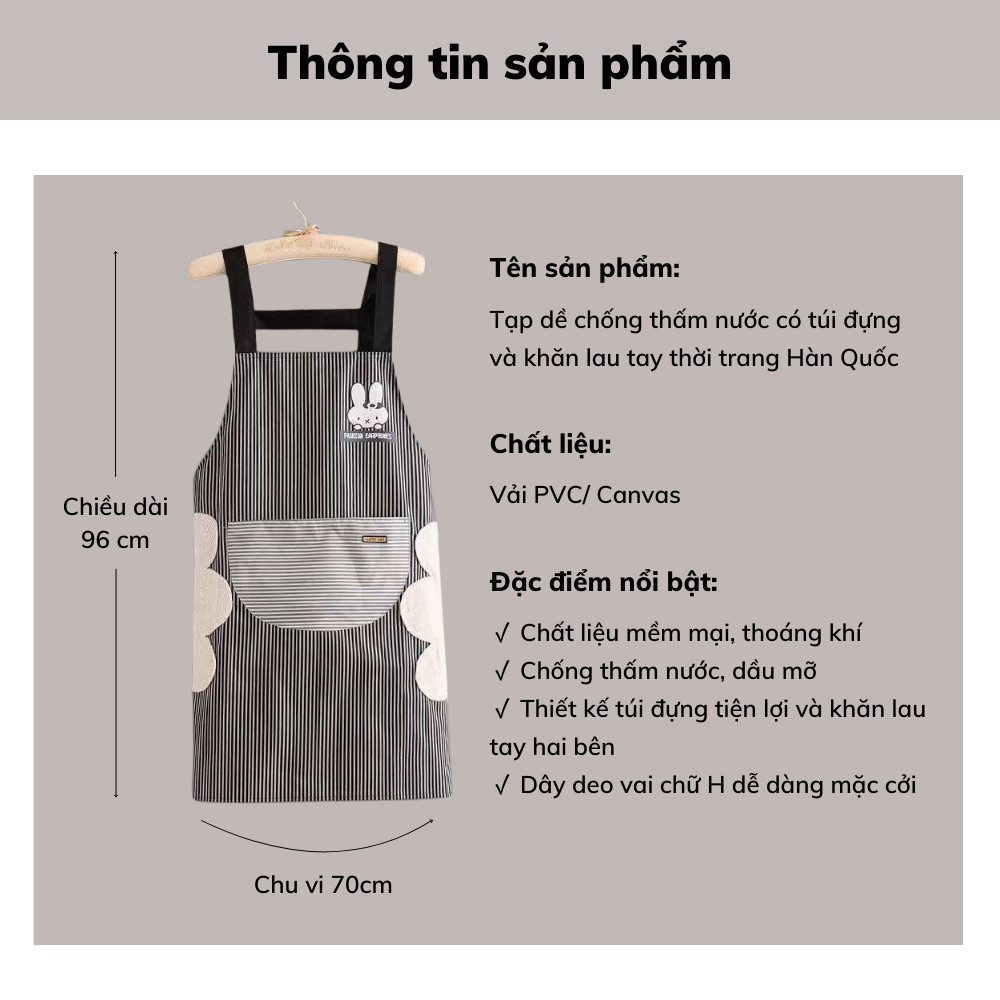 Tạp dề chống thấm nước, thấm dầu DINO có túi lớn đựng đồ và khăn lau tay thời trang Hàn Quốc