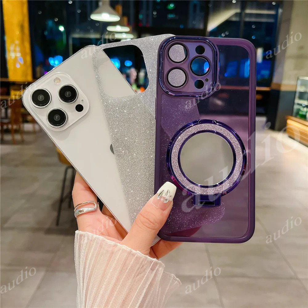 Lấp Lánh Gương Bling Giá Đỡ Từ Tính Ốp Lưng Điện Thoại Samsung Galaxy M55 M35 M15 4G 5G Full Ống Kính Camera Bảo Vệ Phim Lấp Lánh Vỏ Điện Thoại Có Chân Đế Để Bàn Ngón Tay Giá Đỡ