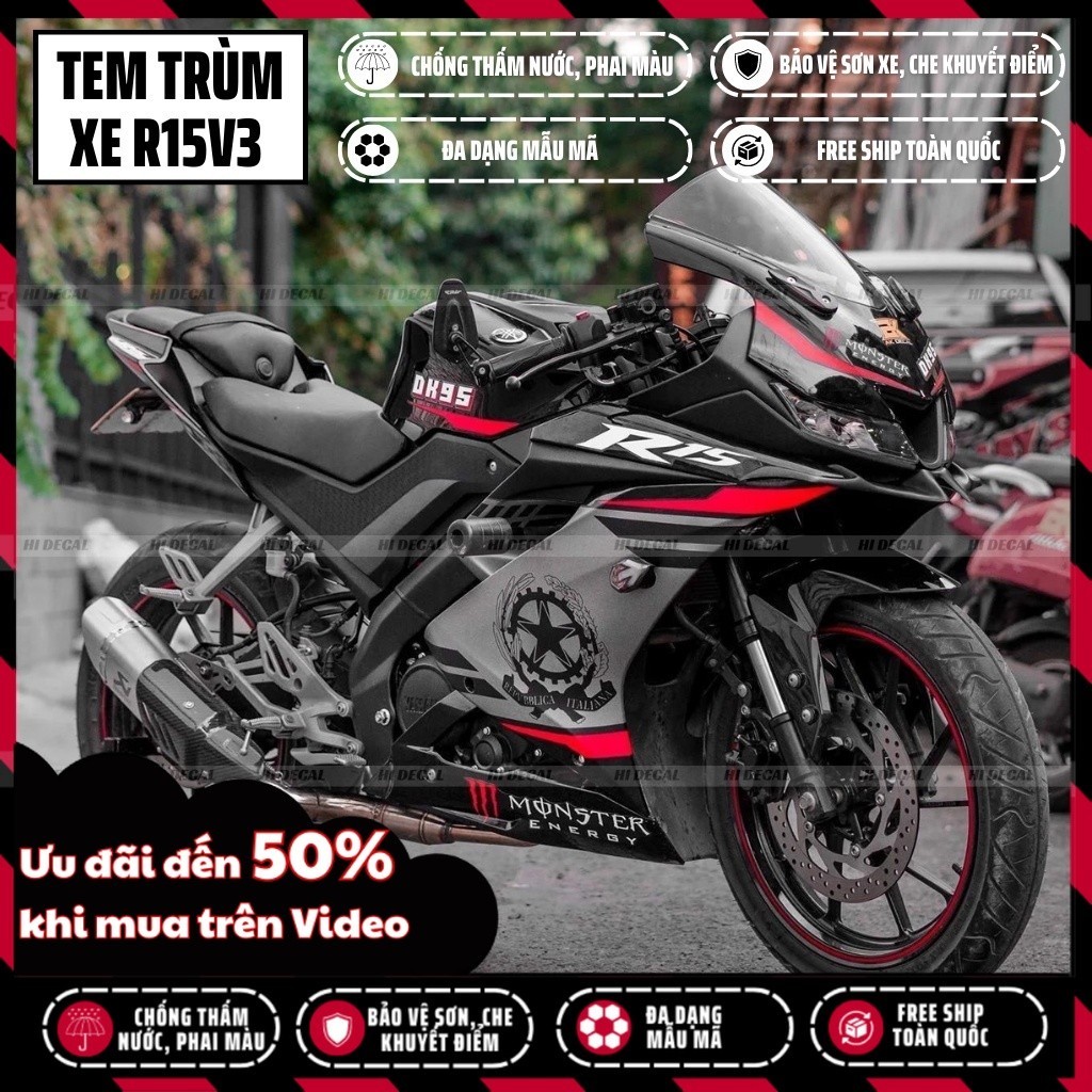 Tem trùm dán xe R15v3 màu đen | Mẫu R15H004 thiết kế riêng | Decal chống phai màu, bảo hành 3 năm