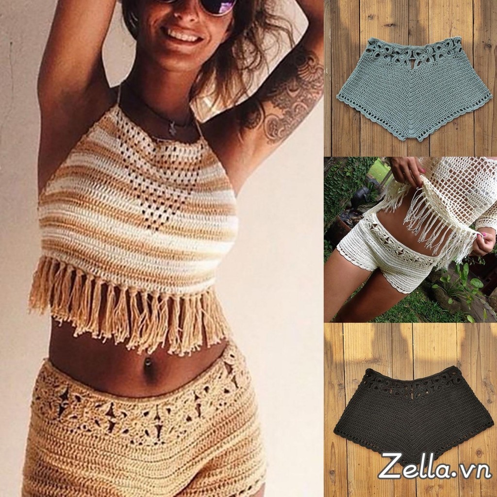 Quần Short Bơi Nữ Móc Cutout Đáy Dây Rút Đi Biển Ban Mùa Hè Quần Bơi