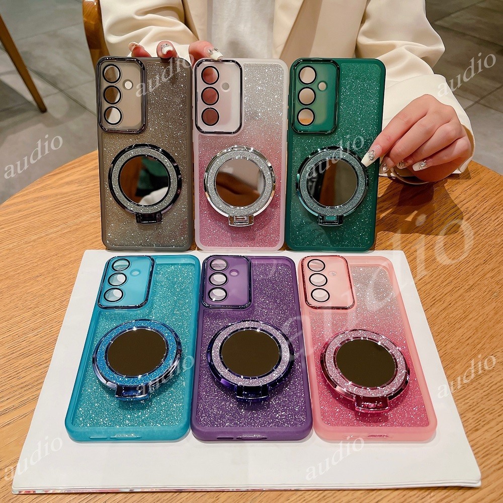 Lấp Lánh Gương Bling Giá Đỡ Từ Tính Ốp Lưng Điện Thoại Samsung Galaxy M55 M35 M15 4G 5G Full Ống Kính Camera Bảo Vệ Phim Lấp Lánh Vỏ Điện Thoại Có Chân Đế Để Bàn Ngón Tay Giá Đỡ