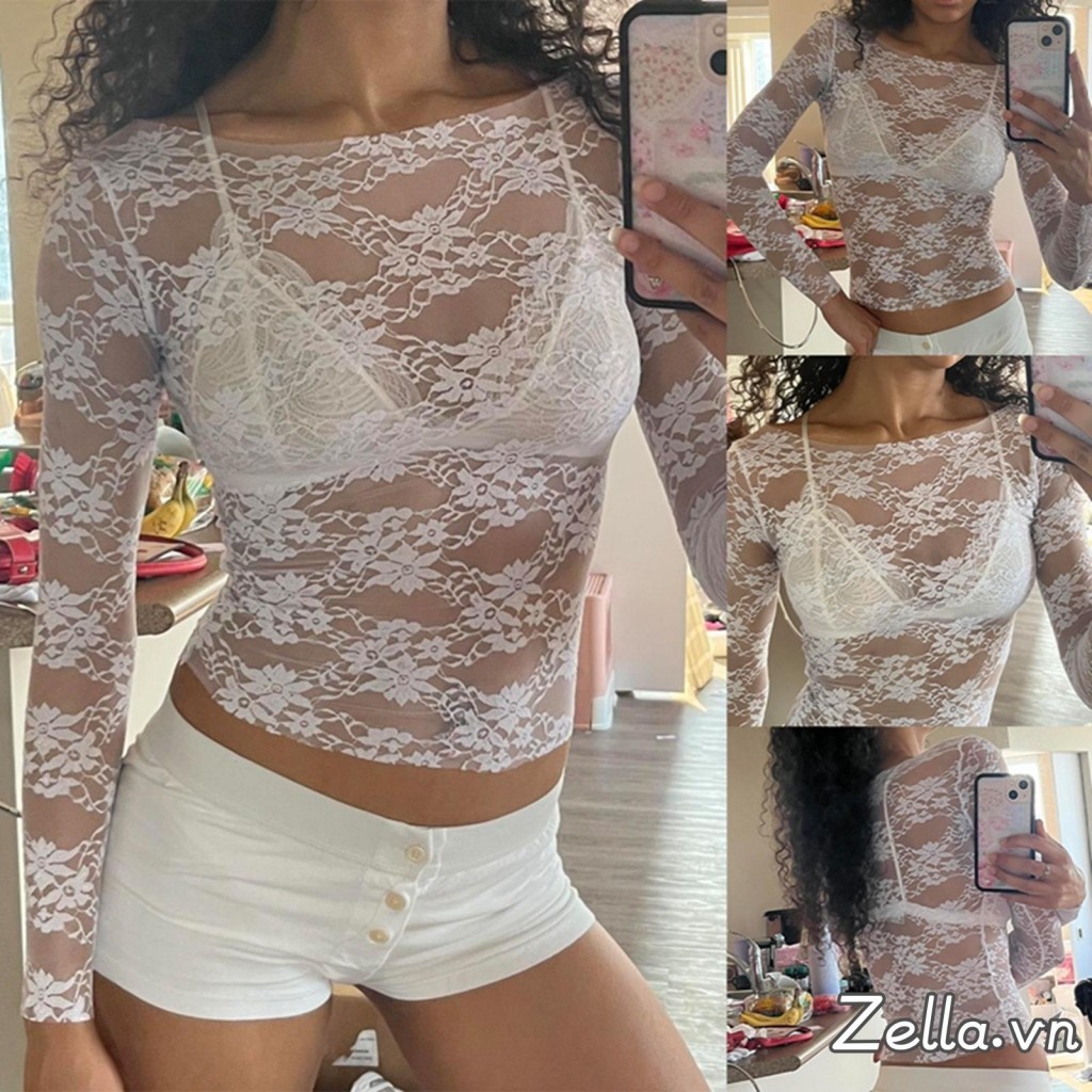 Phụ Nữ Ren Hoa Crop Tops Tay Dài Trang Bị Sheer Áo Thun Cho Dạo Phố Đảng Quần Áo