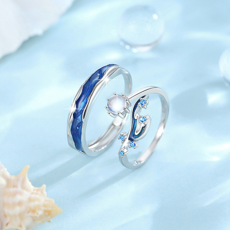 S925 Bạc Nàng Tiên Cá Và Biển Cặp Đôi Nhẫn Thời Trang Đá Mặt Trăng Mở Có Thể Điều Chỉnh Nam Nữ Nhẫn Cặp Đôi