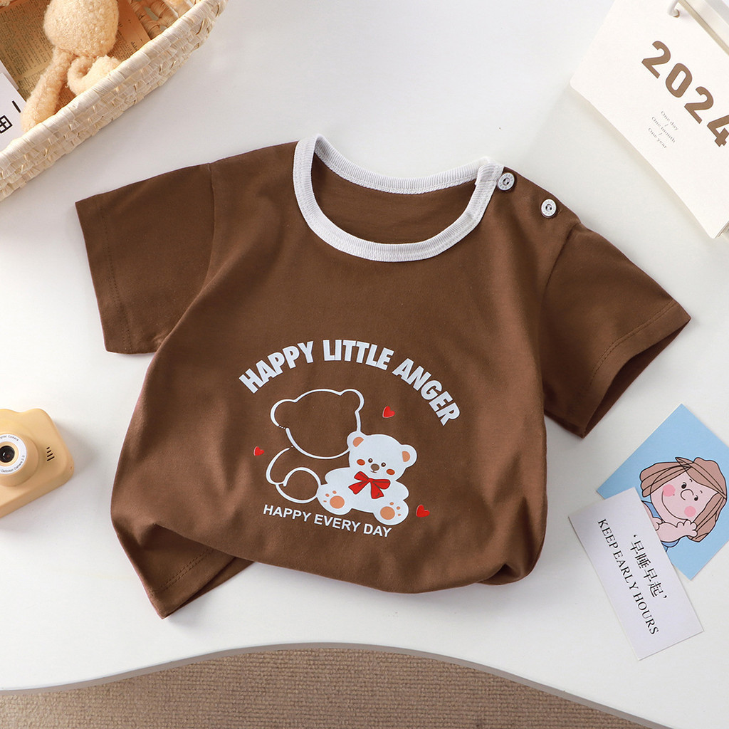 Phong Cách Mới Cotton Nguyên Chất Áo Thun Bé Gái Tay Ngắn Bé Trai Nửa Tay Áo Mồ Hôi @