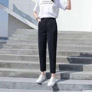 Quần tây baggy đi học nữ cạp có đai lưng cao màu đen dáng dài - Quần vải công sở Vitex dày dặn phối áo sơ mi đi học làm