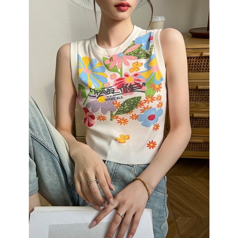 Milyfashion Trung Quốc Mới Graffiti Hoa In Áo Vest Không Tay Mùa Hè Phong Cách Mới Thiết Kế Độc Đáo Độc Đáo Tất Cả Trận Đấu Ngắn Top Hợp Thời Trang