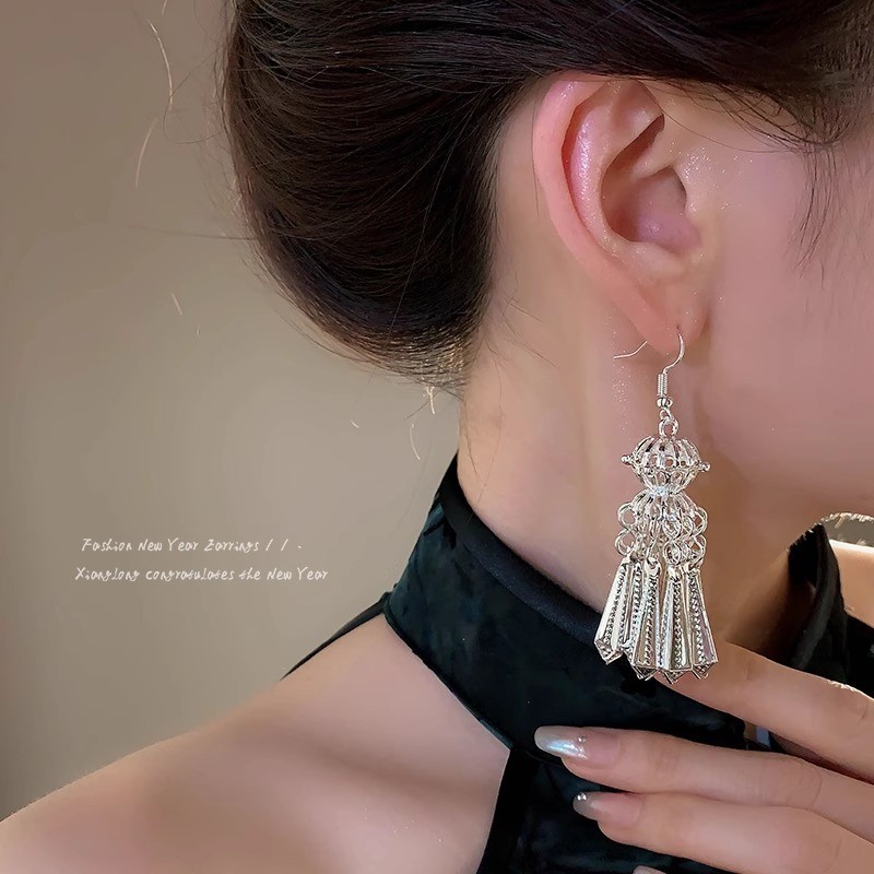 Retro Phong Cách Dân Tộc Dài Tua Rua Bông Tai Phong Cách Mới Cao Cấp Thiết Kế Niche Bông Tai Nữ