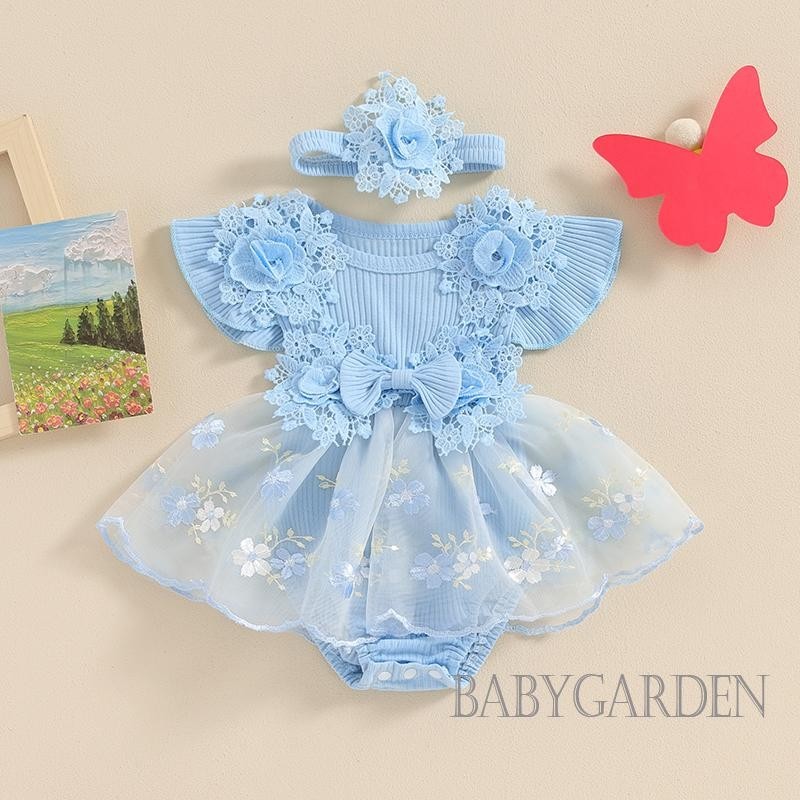 Baga-infant Bé Gái Trang Phục Mùa Hè Tay Bay Thêu Hoa Áo Liền Quần Có Băng Đô
