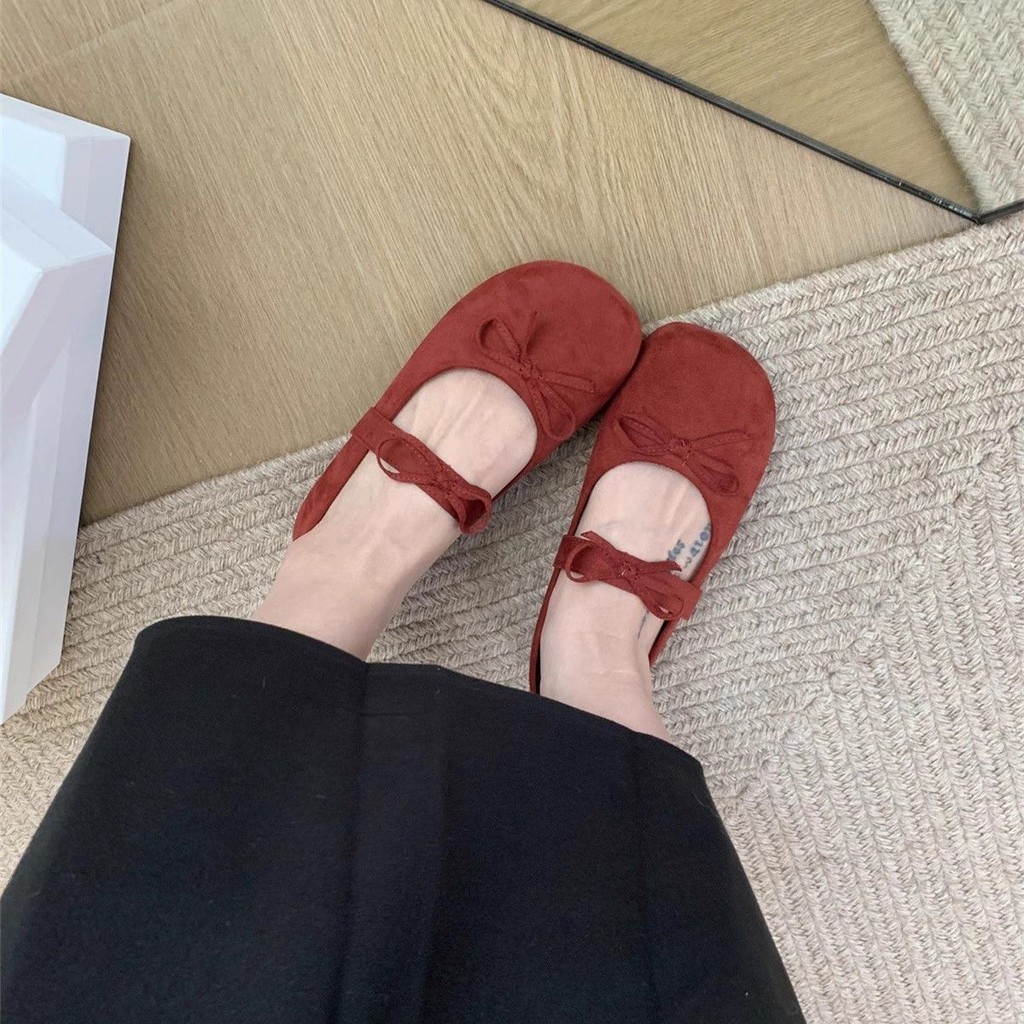 Giày da lộn mũi tròn Mary Jane Giày Nơ nữ Máy bơm đáy mềm