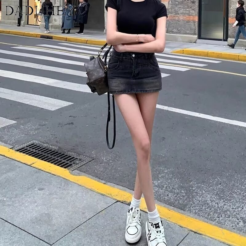 Ảnh DaDuHey New Korean Version of INS Retro Washed Denim Skirt Niche High Waist A- line Skirt Bag Hip Skirt 2