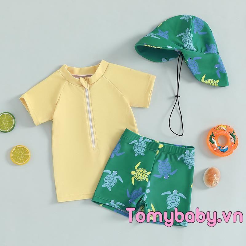 Bộ đồ bơi 3 mảnh cho bé trai mới biết đi Áo ngắn tay + Quần bơi in hình rùa + Bộ đồ tắm có mũ bơi