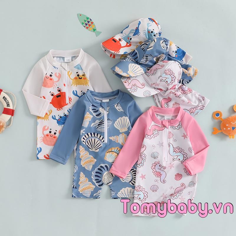 Trẻ mới biết đi Rash Guard Đồ bơi có mũ Seahorse Shell Pattern Zip Up Đồ bơi dài tay cho bé trai bé gái
