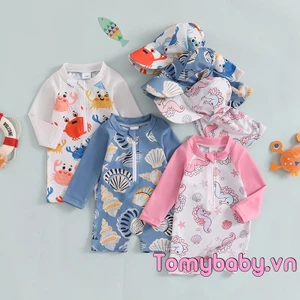 Trẻ mới biết đi Rash Guard Đồ bơi có mũ Seahorse Shell Pattern Zip Up Đồ bơi dài tay cho bé trai bé gái