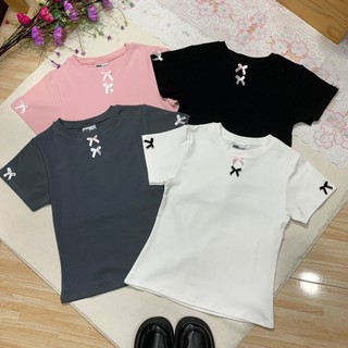 [Combo 2 áo] Áo thun nữ cộc tay mùa hè mát có đính nơ chất liệu vải thun cotton tăm mịn mát, co giãn có bigsize