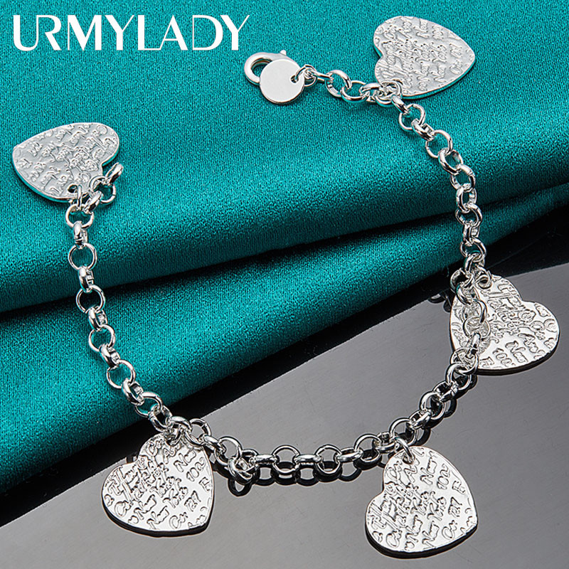 URMYLADY Bạc 925 Năm Trái Tim Mặt Dây Chuyền Vòng Tay Nữ Cưới Thời Trang Quyến Rũ Trang Sức