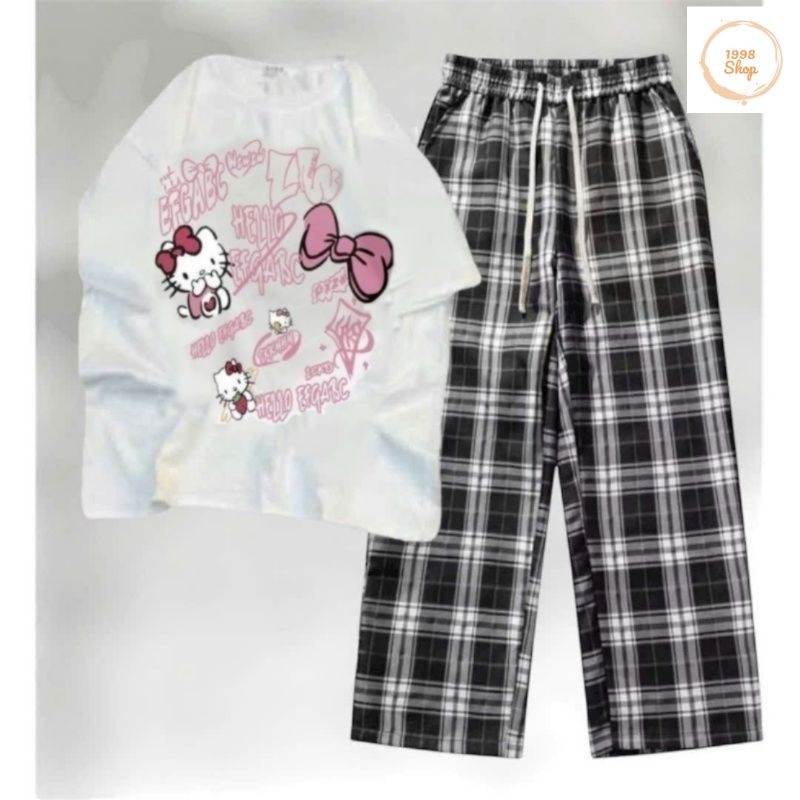Tổng Hợp Các Sét Quần Kẻ Caro Đen ống Rộng + Mix Áo Phông Mèo HÊ LÔ KÍT TI Form Rộng Tay Lỡ Cotton