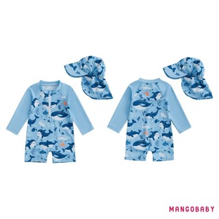 Mg-toddler Boy Rash Guard Đồ bơi có mũ 2 chiếc Bộ hoạt hình họa tiết cá voi có khóa kéo dài tay cổ tròn Đồ bơi