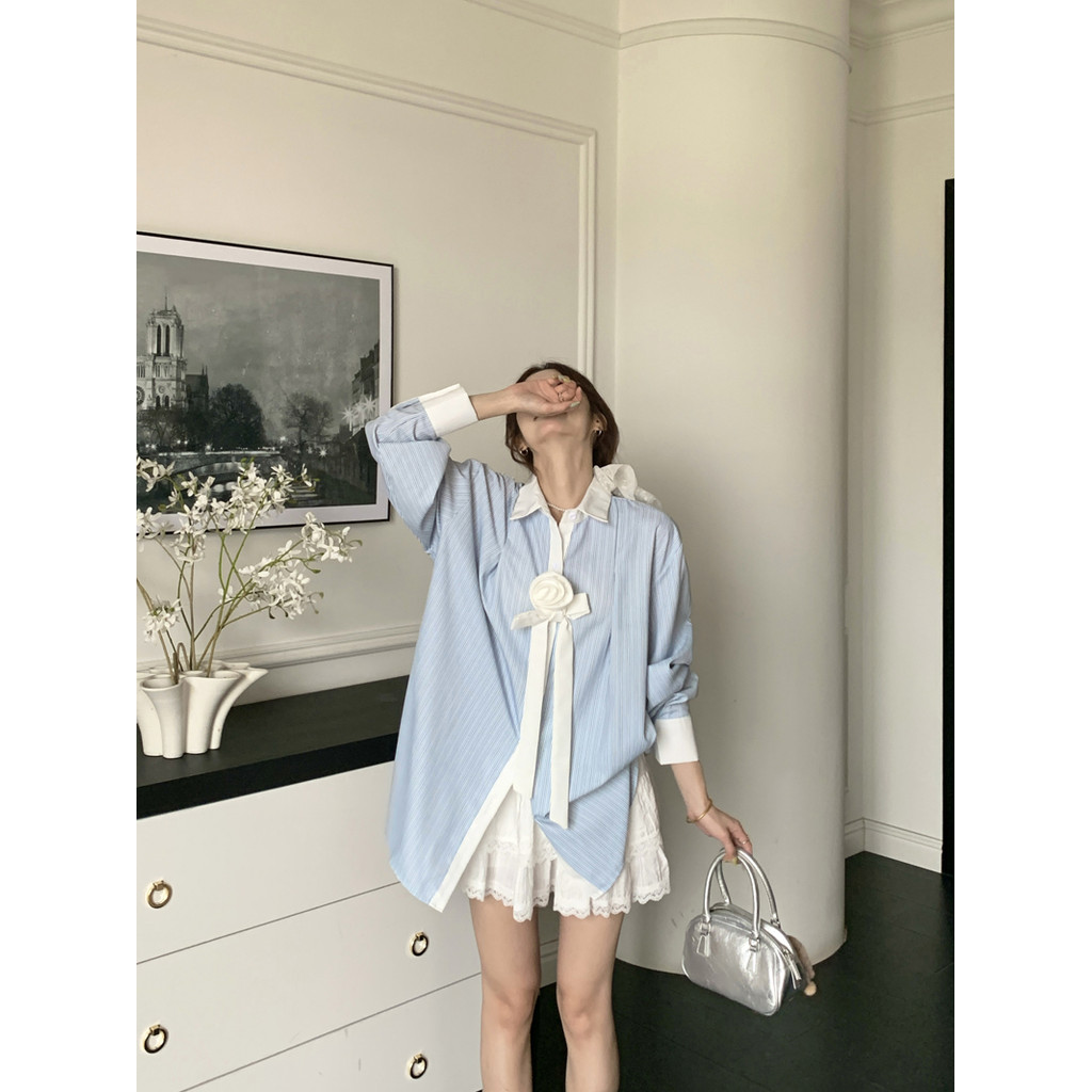 SUXI Áo sơ mi nữ sọc xanh đơn giản giản giản dị mới mùa xuân 250326