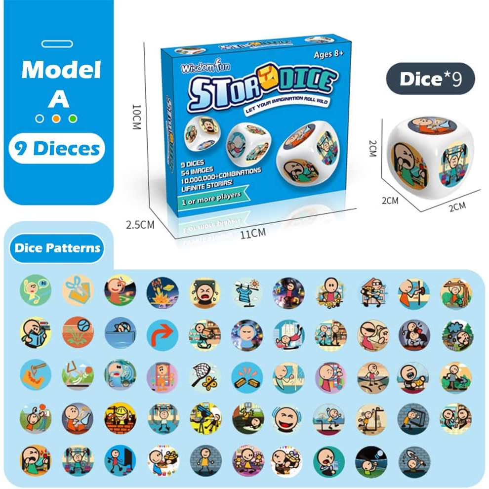 Story Time Dice – Dados Para Contar Historias Con 54 Imágenes Únicas – Juego Familiar Creativo Para Niños Y Adultos – 9 Cubos De Acrílico