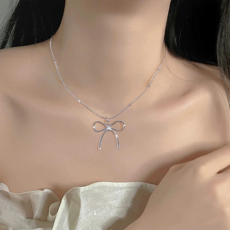 Vòng cổ nơ nữ - Vòng cổ mặt dây chuyền bạc - Dây chuyền xương đòn nơ cho bé gái - Đơn giản, ngọt ngào, tính khí - Dây đeo cổ xương đòn áo len - Trang sức thời trang