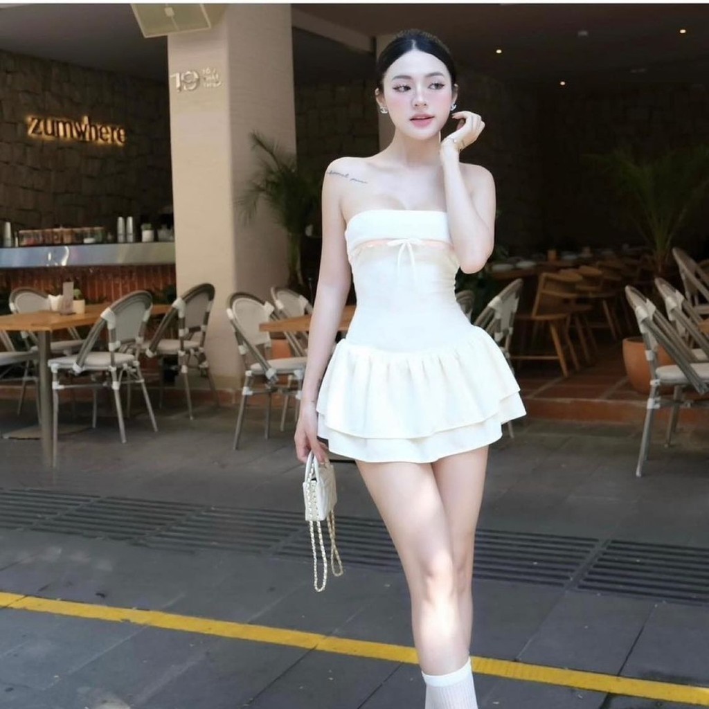 (kem quan) Đầm Ống Cúp Ngực PINKSTORE29 Viền Ren Đính Nơ D128