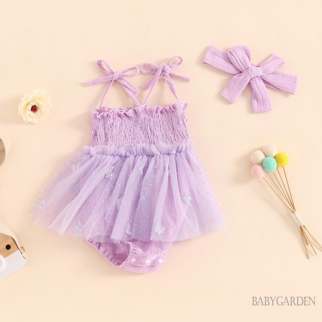Baga-baby Bé Gái Rompers Đầm Có Băng Đô Buộc Dây Đeo Spaghetti Hoa Thêu Lưới Viền Trẻ Sơ Sinh Body Quần Áo Mùa Hè