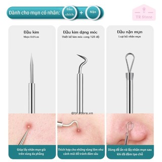 Set nặn mụn cao cấp Gecomo 3/ 5/ 8 cây nhiều đầu đa dạng inox không gỉ gồm cây nặn và nhíp gắp mụn