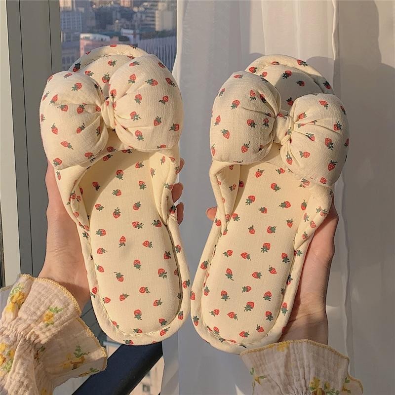 XIXITIAO Dép Nữ Thời Trang Bốn Mùa Vải Lanh Trong Nhà Nơ Dễ Thương