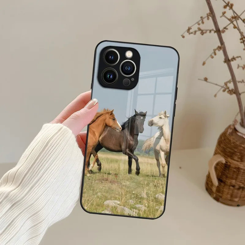 Bk-1 Động Vật Galloping Ngựa Ốp Lưng Kính Cường Lực Cho IPhone 13 14 12 11 Pro XS Max Plus Mini X XR 8 7 6s SE2020 Bao 0458