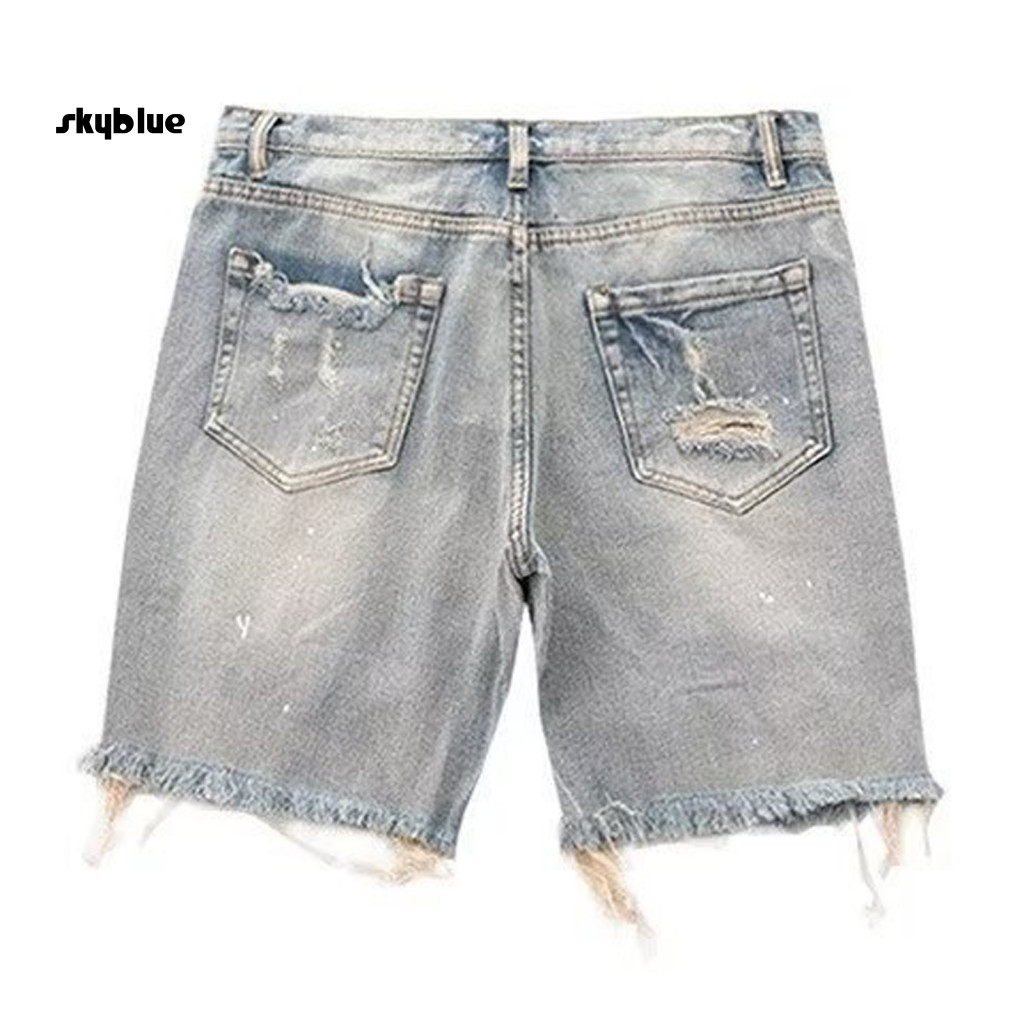 Quần short denim nam rách nhiều túi, dài đầu gối, dáng jean thẳng, phong cách mùa hè