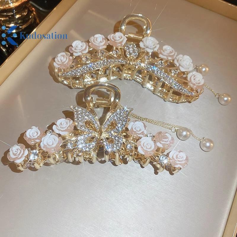 Kudosation Ánh Sáng Sang Trọng Kim Cương Giả Hoa Hồng Móng Vuốt Kẹp Tóc Barrette Phụ Kiện Tóc