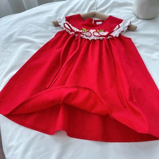 Váy Đỏ Thêu Hoa Phối Bèo Trắng Nơ Đỏ Chất Thô Cotton Cho Bé 8-26kg
