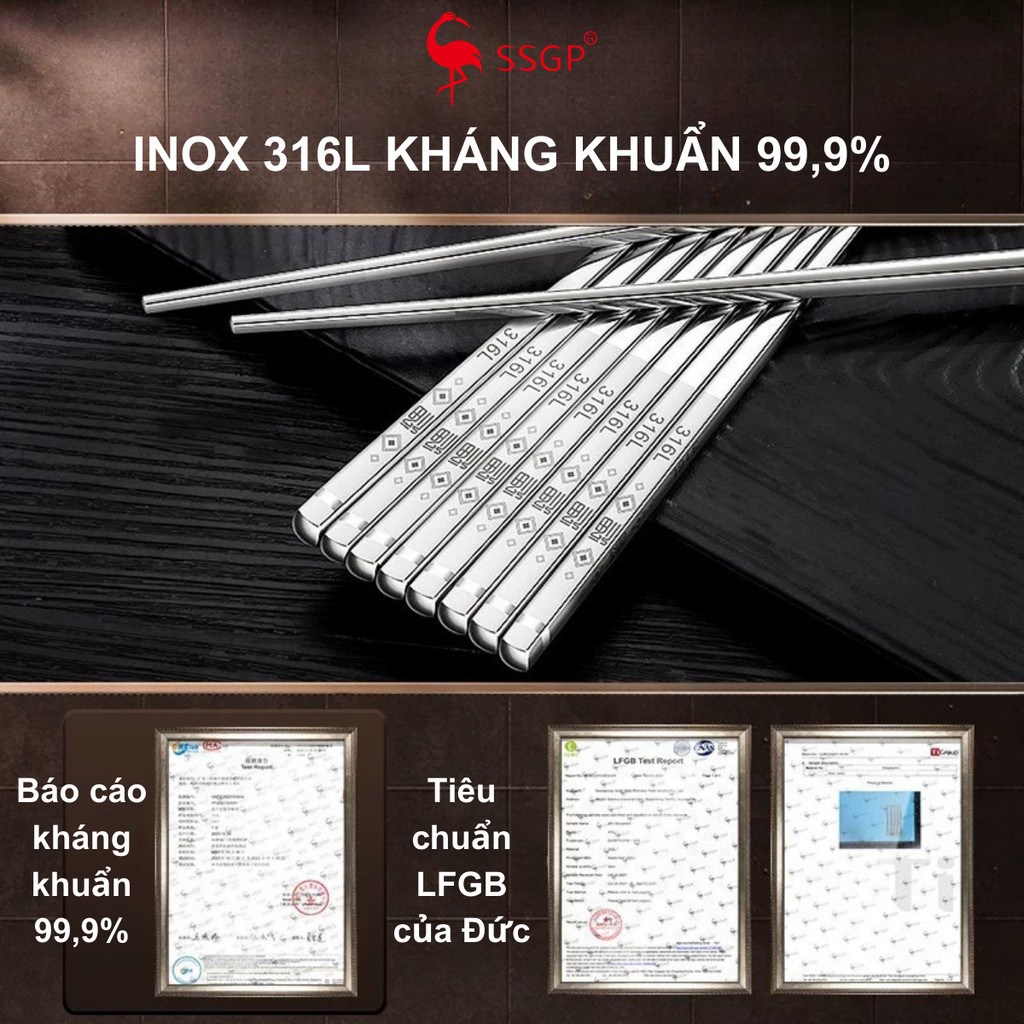 [Combo 5 đôi] Đũa inox 316 Family cao cấp SSGP, chống trơn trượt, bộ 5 đôi, kháng khuẩn, an toàn 304