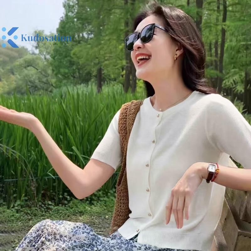 Kudosation Thời Trang Cổ Tròn Nút Dệt Kim Tay Ngắn Cardigan Áo Thun Nữ Đẹp