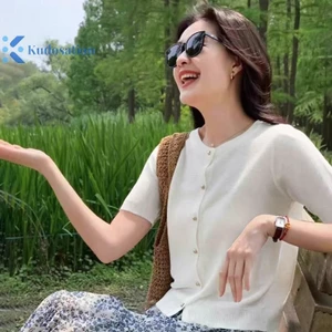 Kudosation Thời Trang Cổ Tròn Nút Dệt Kim Tay Ngắn Cardigan Áo Thun Nữ Đẹp