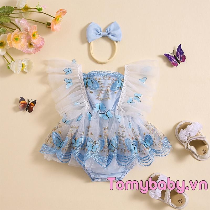 Bé Gái Rompers Ren Viền Họa Tiết Bướm Thêu Bay Tay Áo Tulle Viền Body Quần Áo + Băng Đô