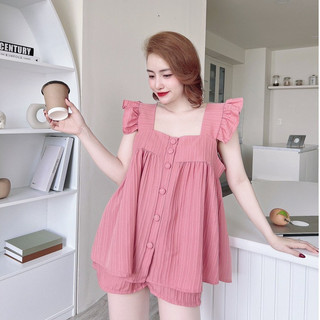 (40-55kg)Bộ đồ ngủ đùi cổ vuông tay cánh tiên nút bọc chất đũi gân cao cấp mềm mát quần đùi áo bèo .