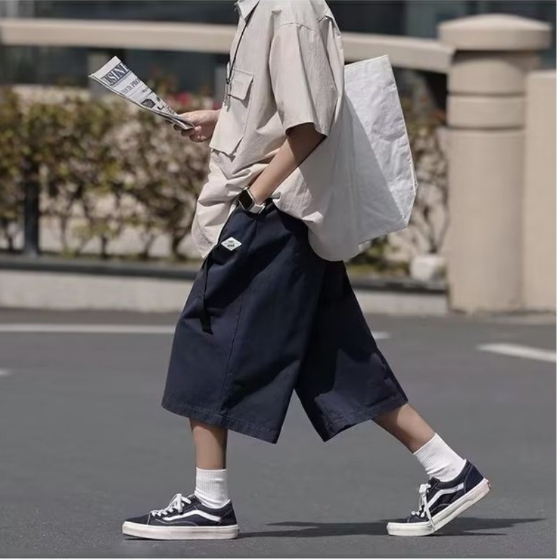 VG Nhật Bản retro quần crop giản dị nam mùa hè phong cách Hồng Kông Quần ngắn ống rộng mỏng