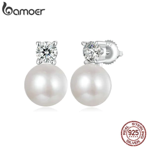 Bamoer 925 Sterling Sliver Bông Tai Moissanite Ngọc Trai Tự Nhiên Trang Sức Quà Tặng Cho Nữ