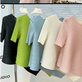 Miyake Phong Cách Xếp Ly Top Nữ Thời Trang Không Đều Rời Ôm Hơn Nhìn Áo Thun Màu Trơn Phù Hợp Xếp Ly Áo Sơ Mi Nhỏ Ngắn