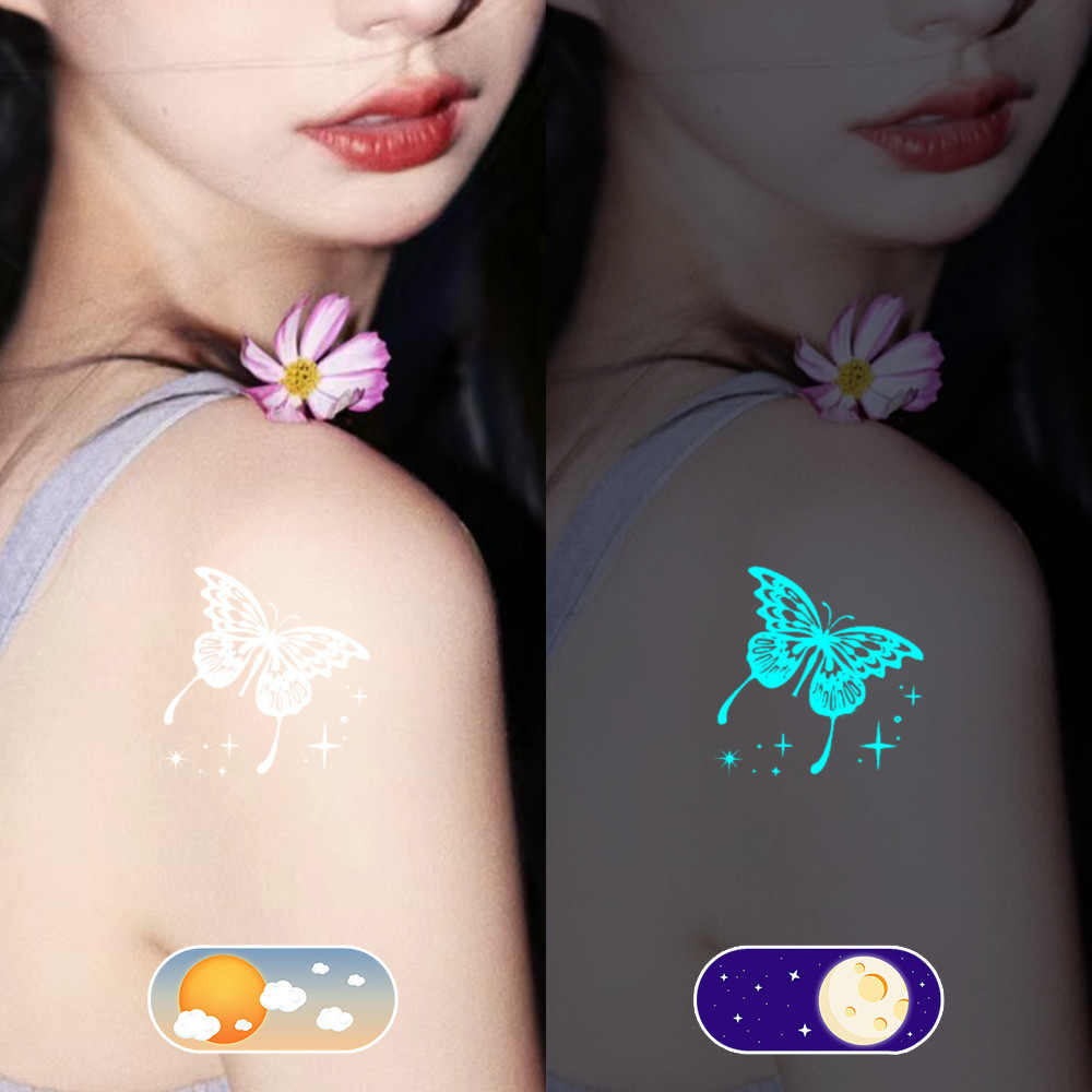 Nhãn dán hình xăm phát sáng màu trắng - Họa tiết ngôi sao mặt trăng bướm - Hình xăm giả tạm thời - Dành cho ngực, vai, cổ, cánh tay - Chống thấm nước, dùng một lần - Trang trí nghệ thuật tiệc lễ hội toàn thân