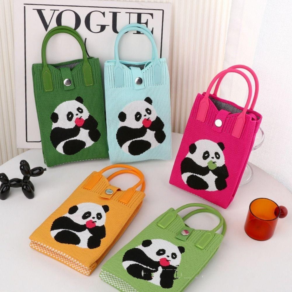 Túi xách dệt kim WOAY, Túi đeo vai Mini hoạt hình, Túi đeo tay thắt nút gấu trúc bằng vải Polyester dung lượng cao có thể tái sử dụng cho học sinh