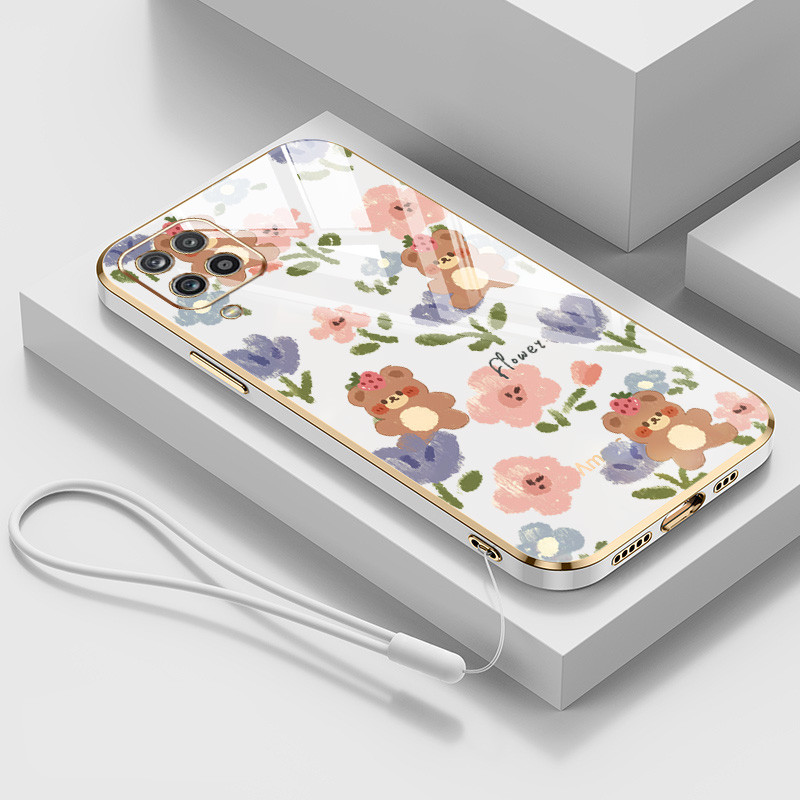 Ốp Điện Thoại YBD Cho Samsung Galaxy A12 Nacho M12 A12S F12 A22 4G 5G M22 M32 F22 4G Họa Tiết Gấu Hoa Nhỏ Dễ Thương Đi Kèm Dây Treo Silicon Cùng Màu