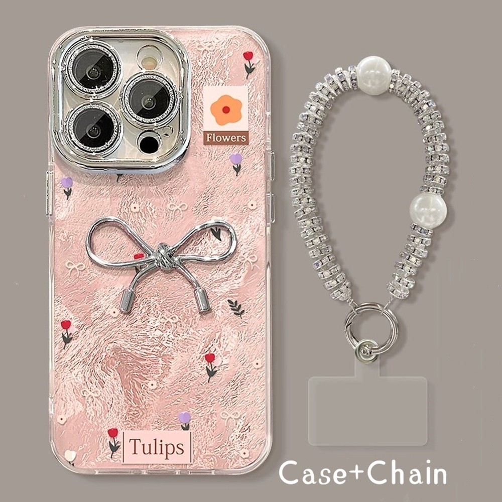 Lập Thể Nơ Màu Hồng Tulip Dây Xích Ốp Lưng Điện Thoại iPhone 17ProMax 16Plus 15 14 13 12 11 Pro Max Long Lanh Với Ống Kính Phim Bảo Vệ Chống Sốc