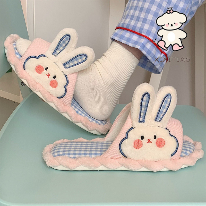 Dép Xixitiao Nữ Vải Lanh Thỏ Dễ Thương Sinh Viên Nhà Bốn Mùa